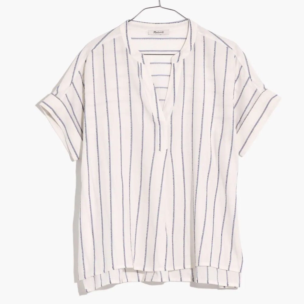 Madewell Women's Lakeline Popover Shirt in Stripe White With Blue Sz Small